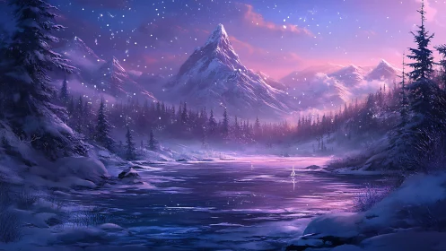 Snow-covered alpine valley with frozen river at dusk.