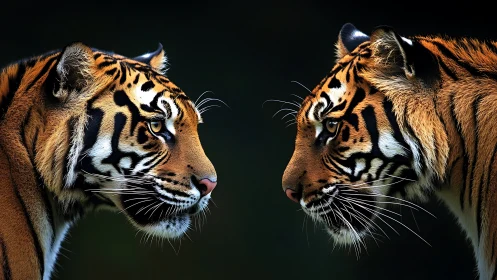 Two Tigers Face to Face Against Dark Background.