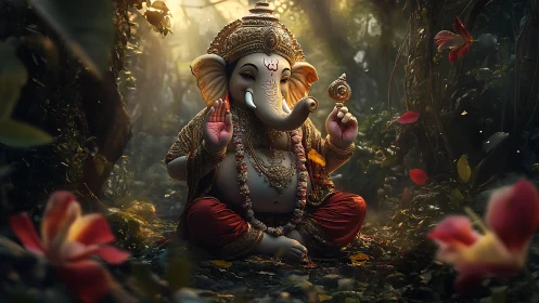 Digital painting of Ganesha in luminous forest shrine setting.
