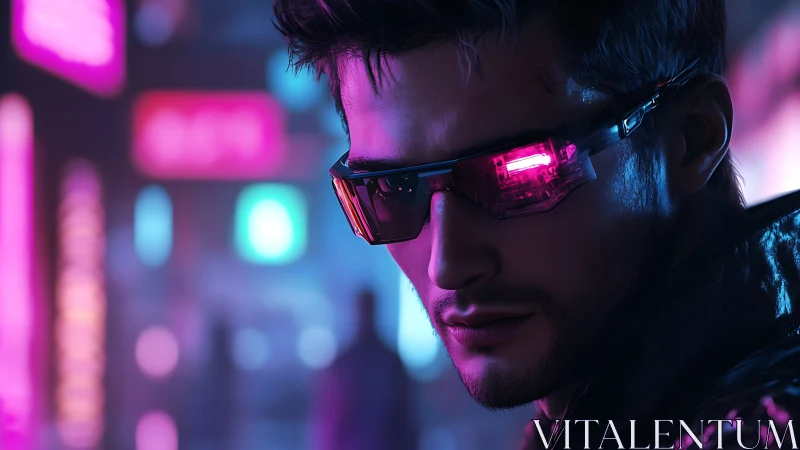 Neon-lit cyberpunk vigilante with glowing visor at night.