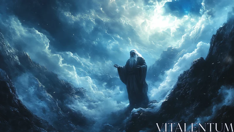 Wise robed figure pauses beneath a storm of swirling light.