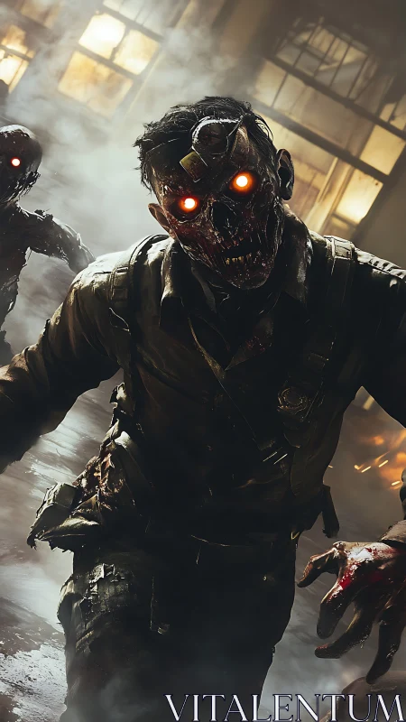 Glowing-eyed zombie soldier charges through smoky ruins at night