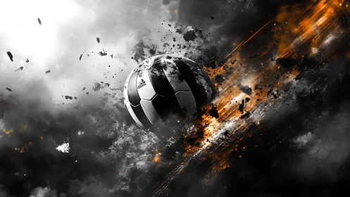 Soccer ball depicted in high-velocity motion through debris field