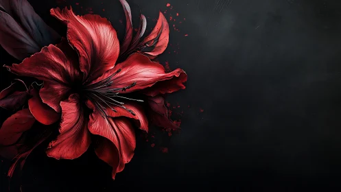 Red flower petals dispersing against black background.