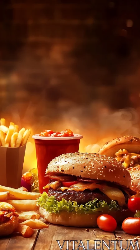 Gourmet cheeseburger platter under warm flame-lit bokeh.