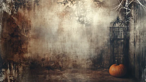 Rustic pumpkin corner evokes moody, vintage Halloween atmosphere.