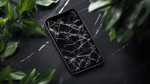Shattered smartphone display on marble surface with controlled soft lighting