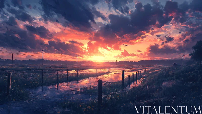 Sunset-illuminated flooded rural road with reflective water surface