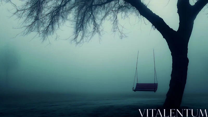 Lonely swing listens for forgotten laughter in teal mist