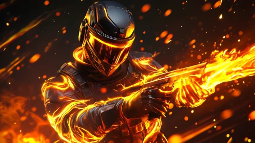 Armored warrior wielding luminous energy weapon.