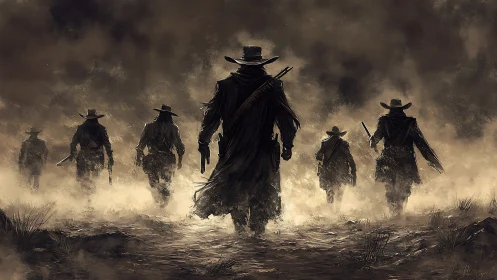 Dust‑shrouded gunslingers advancing through wasteland haze.
