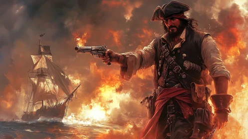 Heavily armed pirate captain amid burning frigate at sea