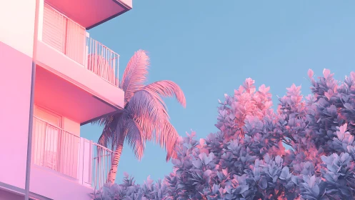 Pastel architectural balcony with neon-tinted tropical foliage.