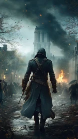 Hooded vigilante advances through burning, war-torn city street.