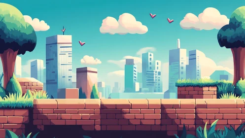 Stylized side-scrolling cityscape with lush platform foreground.