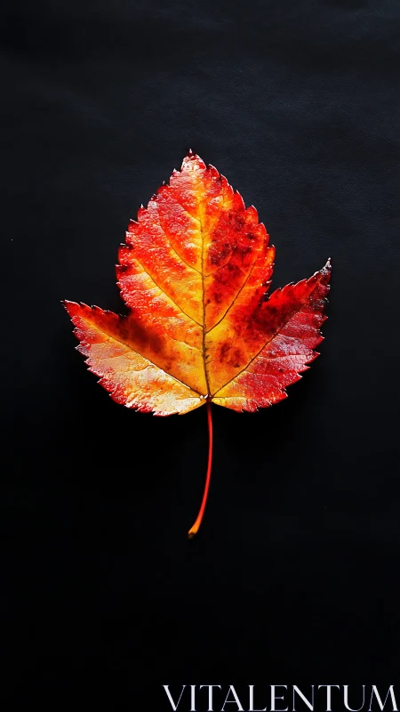 Autumn leaf macro on black background, vivid warm colors.
