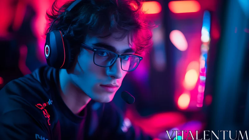 Male gamer uses headset and monitor in neon studio lighting