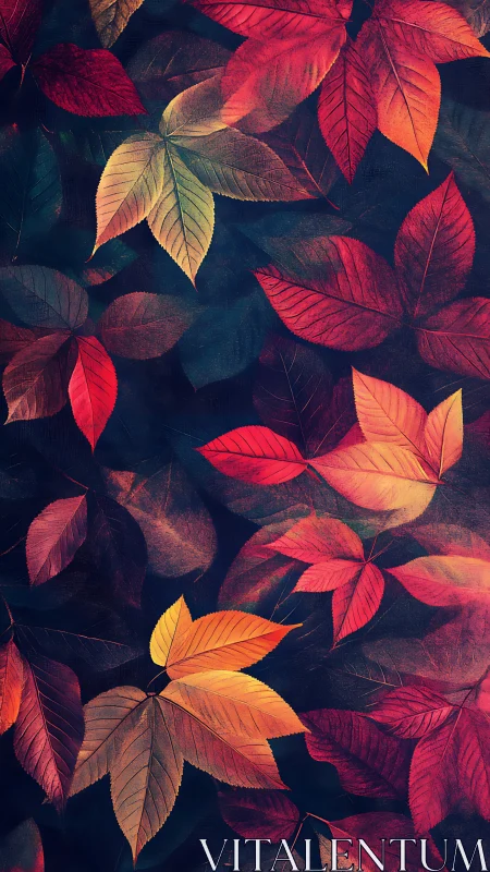 Colorful autumn leaves pattern on deep dark background.