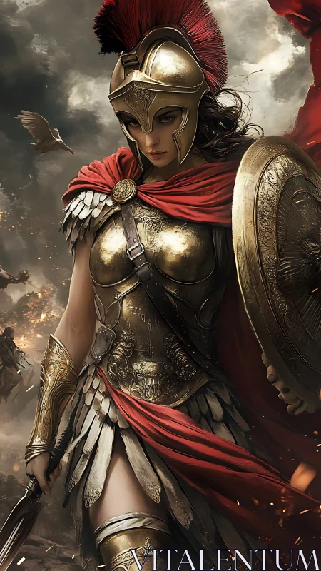 Armored warrior in bronze panoply under stormy battlefield sky