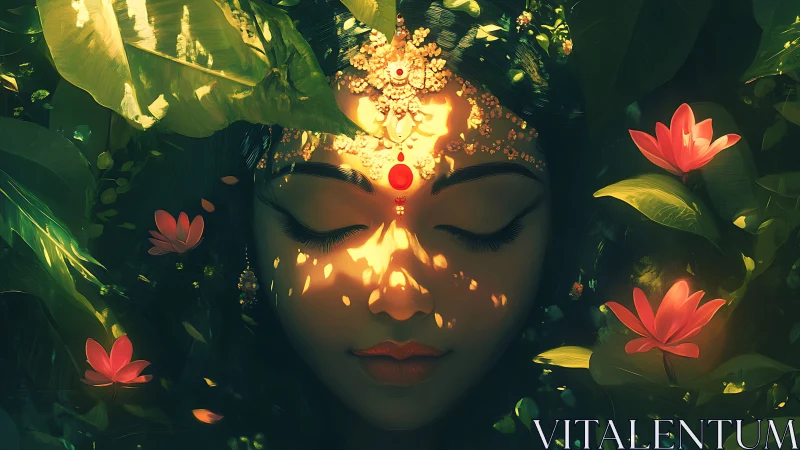 Bioluminescent forest portrait of meditative floral goddess.