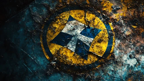 Weathered hazard emblem lies corroded in gritty metal surface