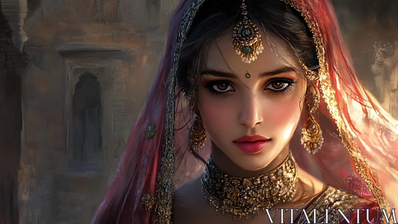 Digital portrait of regal woman in ornate bridal jewelry.