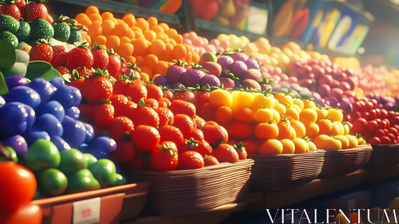 Vibrant digital market stall displays hyperreal rainbow fruit