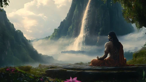 Mountain sage in saffron robes greeting a waterfall dreamscape.