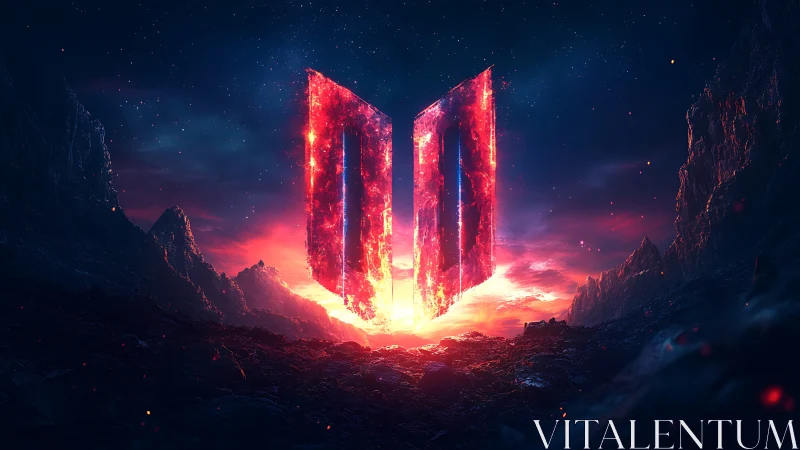 Glowing vertical portal structures over dark rocky terrain.