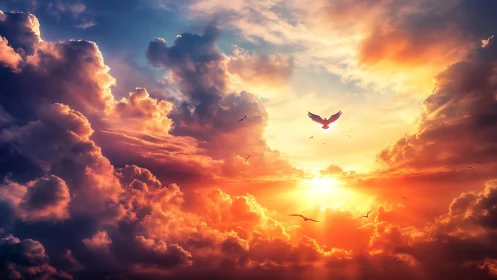 Backlit soaring bird against hyper-saturated sunset cumulonimbus