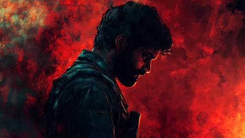 Brooding soldier silhouette in fiery red atmospheric haze.