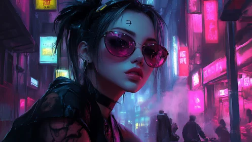 Cyberpunk street portrait in neon-lit rainy back alley.