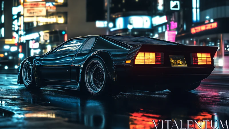 Retro supercar idles in neon-soaked cyberpunk nightscape