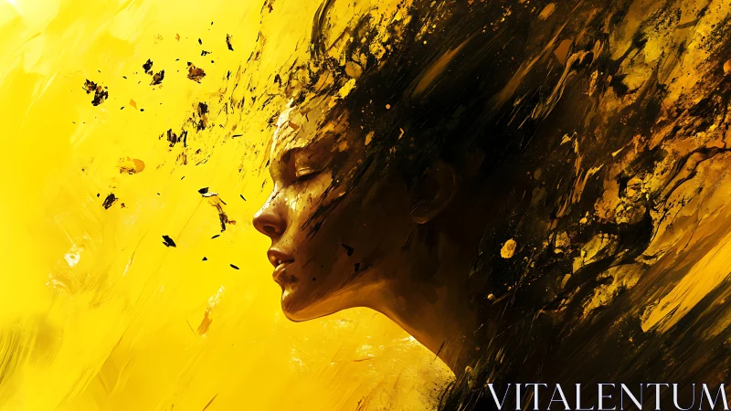 Side profile female face dissolves into yellow abstract field