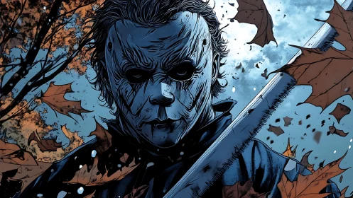 Masked slasher amid swirling autumn leaves at dusk.