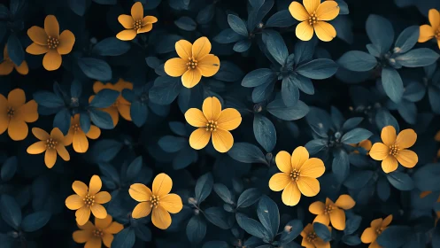 Golden Blooms Against Midnight Foliage Dream.