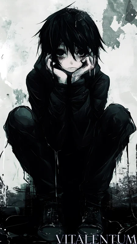 Monochrome anime figure seated in crouched frontal pose.