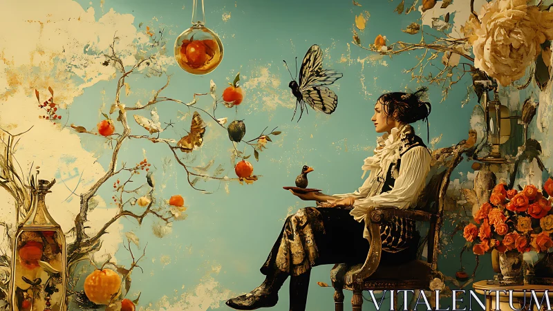 Surreal seated portrait orchestrates butterflies, fruit and florals