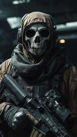 Hooded skull-masked commando with rifle in cinematic focus.