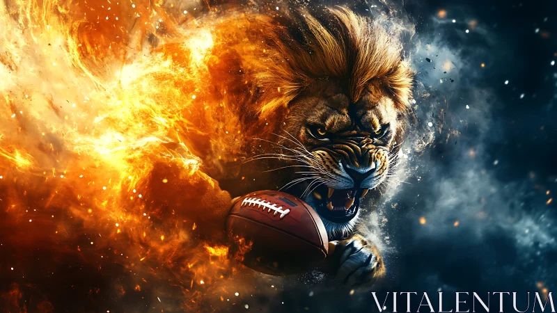 Roaring lion surging through fire and smoke with football.