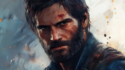 Bearded male portrait with textured bruised face in profile.