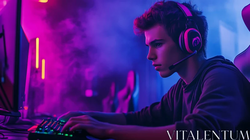 Cyber-lit esports gamer at RGB battlestation, side profile focus.