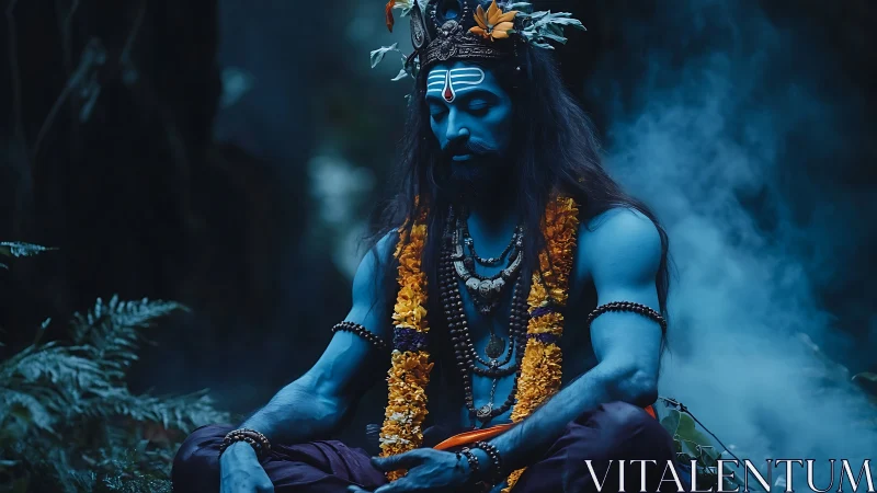 Mystic blue ascetic in smoky forest meditation scene.