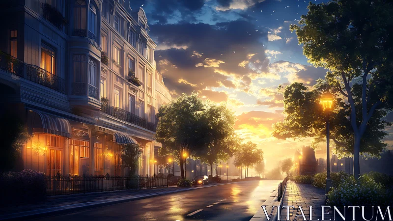 Sunlit boulevard with historic facade under golden hour sky