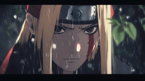 Determined anime warrior glares forward under relentless rain