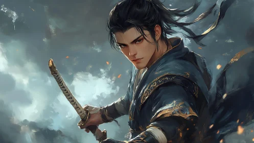 Stoic swordsman in stormlit blue armor with dynamic motion.