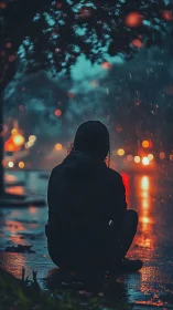 Person in hoodie sitting alone on wet city street at night.