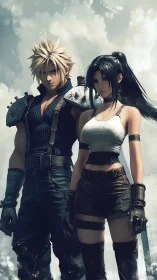 Battle-hardened anime duo stand resolute beneath bright skies.