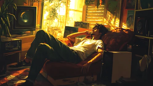 Golden hour daydreamer in a retro sun-soaked sound cave.