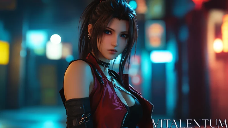 Cyberpunk heroine in neon alleyway, shallow depth portrait.